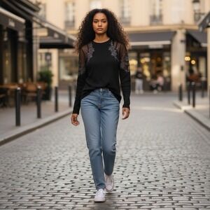 Free People Daniella Black Lace Sheer Sleeve Ribbed Knit Top Size Small‎